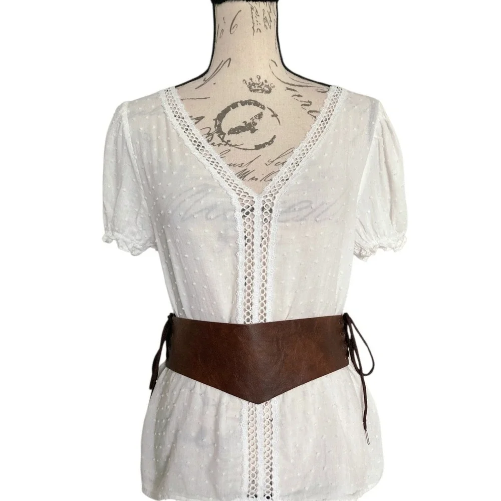 Brown Wide Waist Corset Lace Up Faux Leather Belt Statement Ren Faire Size M/L